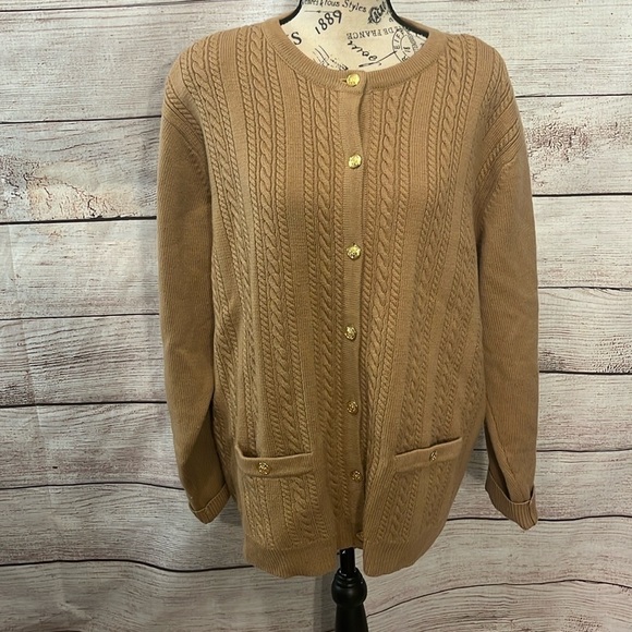 Talbots Sweaters - Vintage Talbots Cardigan Sweater 100% Wool Cable Knit Gold Buttons Size XL Tan